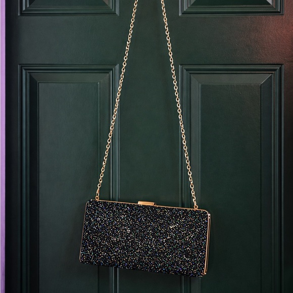 Natasha Designer Black Iridescent Crystal Clutch Crossbody Evening Bag